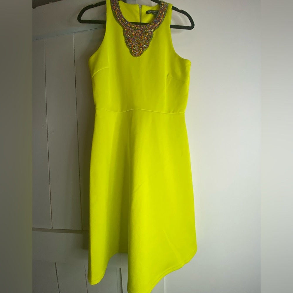 Bright green beaded neckline dress
